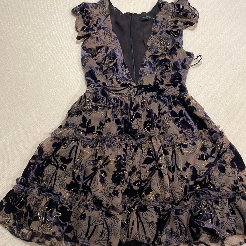 brown, navy, & gold mini dress